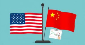 Two flags representing US and China with symbolic elements of trade agreements and negotiations, in a balanced composition.