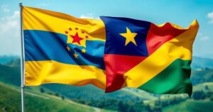 Symbolic handshake between Rwanda and Congo with flags in the background, representing peace treaty and diplomacy.