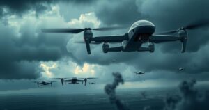 A stylized depiction of military drones in action against a backdrop of dramatic clouds, capturing tension and conflict.
