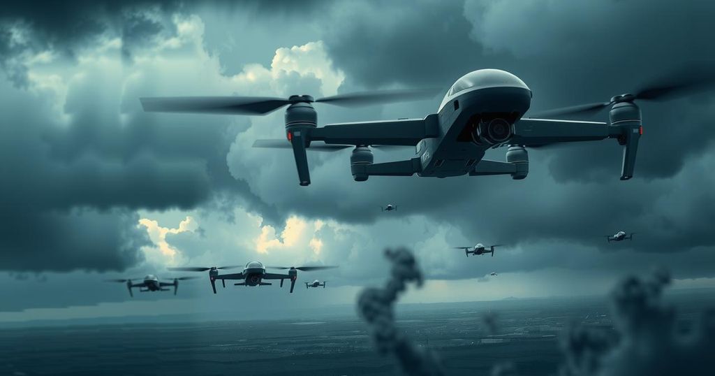 A stylized depiction of military drones in action against a backdrop of dramatic clouds, capturing tension and conflict.