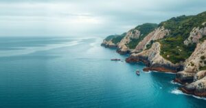 Coastline with calm waters and distant shores, representing oceanic surveillance and border control efforts.