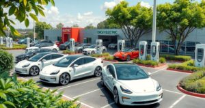 Electric vehicle expansion in South Africa with modern cars and charging stations.