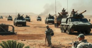 Military training scene with armored vehicles, weapons, and soldiers in a tense landscape, reflecting warfare dynamics.