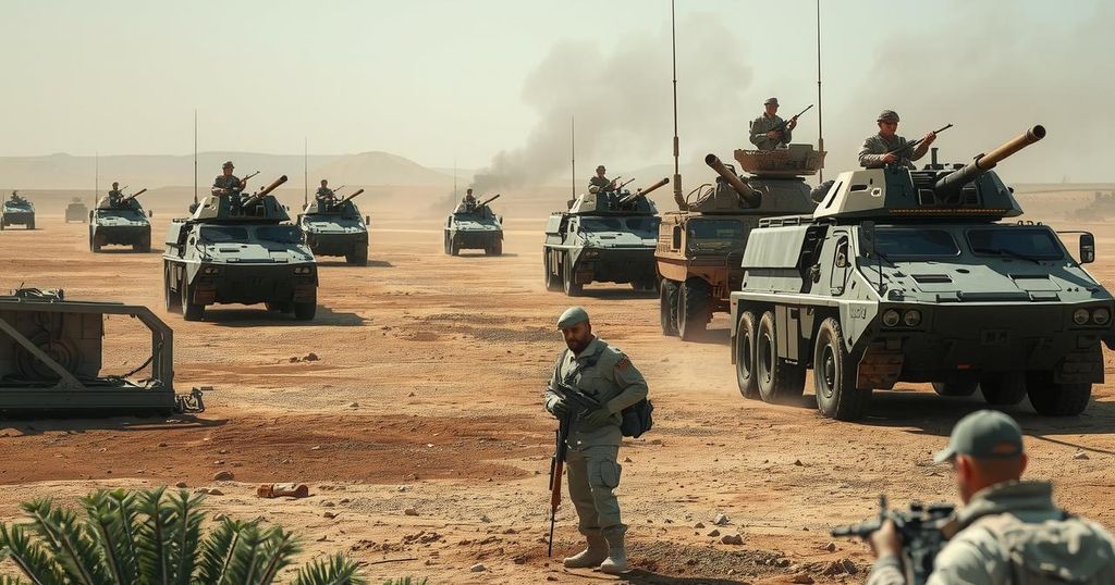 Military training scene with armored vehicles, weapons, and soldiers in a tense landscape, reflecting warfare dynamics.
