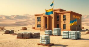 Ukrainian embassy building in Mauritania surrounded by arid landscape with flags and aid supplies stacked outside.