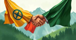 A symbolic handshake between two flags, set against a backdrop of mountains and forests, in neutral tones.