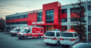 An emergency vehicle parked outside a hospital with police activity around it, depicting a scenario of urgency.