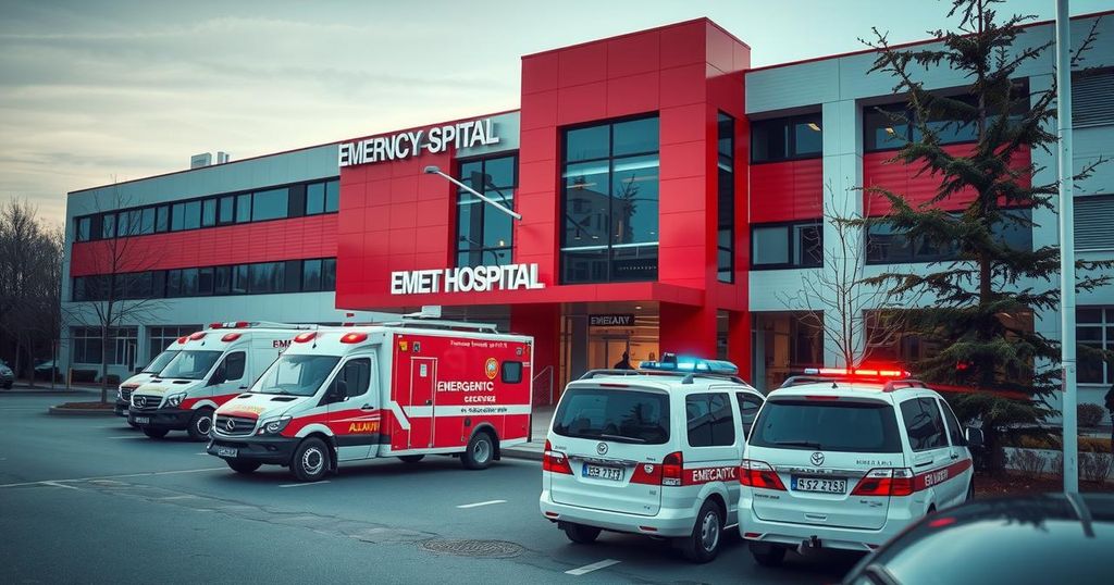 An emergency vehicle parked outside a hospital with police activity around it, depicting a scenario of urgency.
