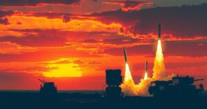 Rocket launches in Yellow Sea with a dramatic sky and military silhouettes, showcasing tension and military readiness.