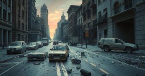 Symbolic representation of protest with burning vehicles and empty streets, reflecting social unrest in a cityscape.