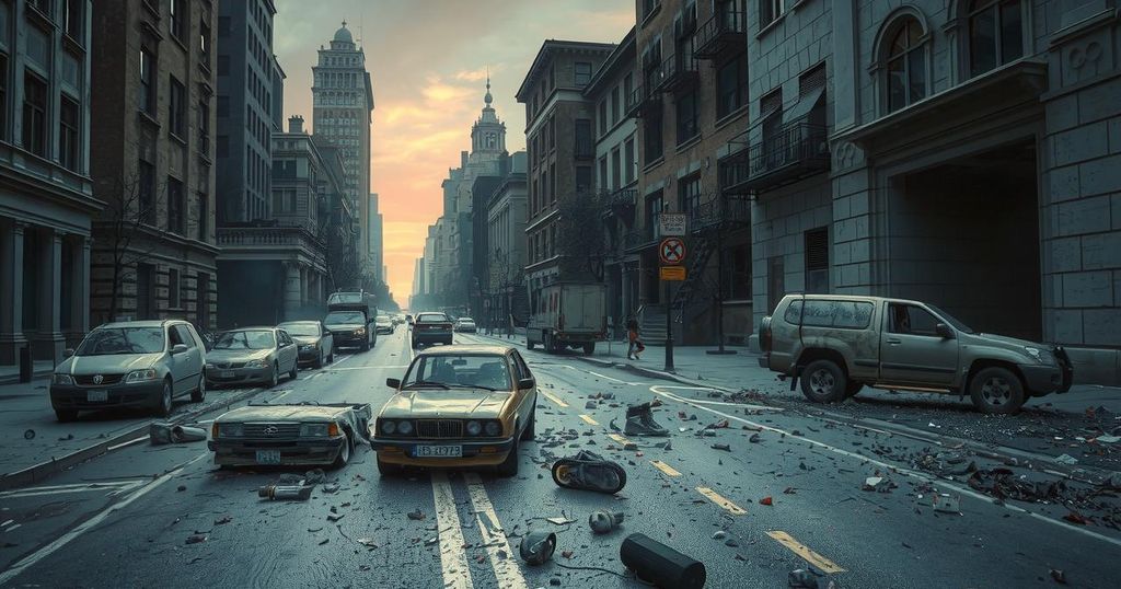 Symbolic representation of protest with burning vehicles and empty streets, reflecting social unrest in a cityscape.