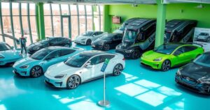 A dynamic electric vehicle showroom showcasing sleek models in a modern setting, highlighting a green energy future.