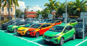 A vibrant electric vehicle showcase with modern EVs in Brazil, highlighting eco-friendly transport and energy efficiency.