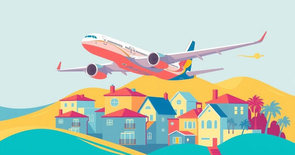 Colorful depiction of a Dreamliner airplane flying over a residential area in an artistic style, with soft hues of blue and yellow.