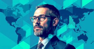A businessman analyzing investment options with a backdrop of abstract maps and vibrant colors, symbolizing opportunities.