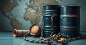 A symbolic scene of oil barrels, chains, and maps representing geopolitical tensions and sanctions.