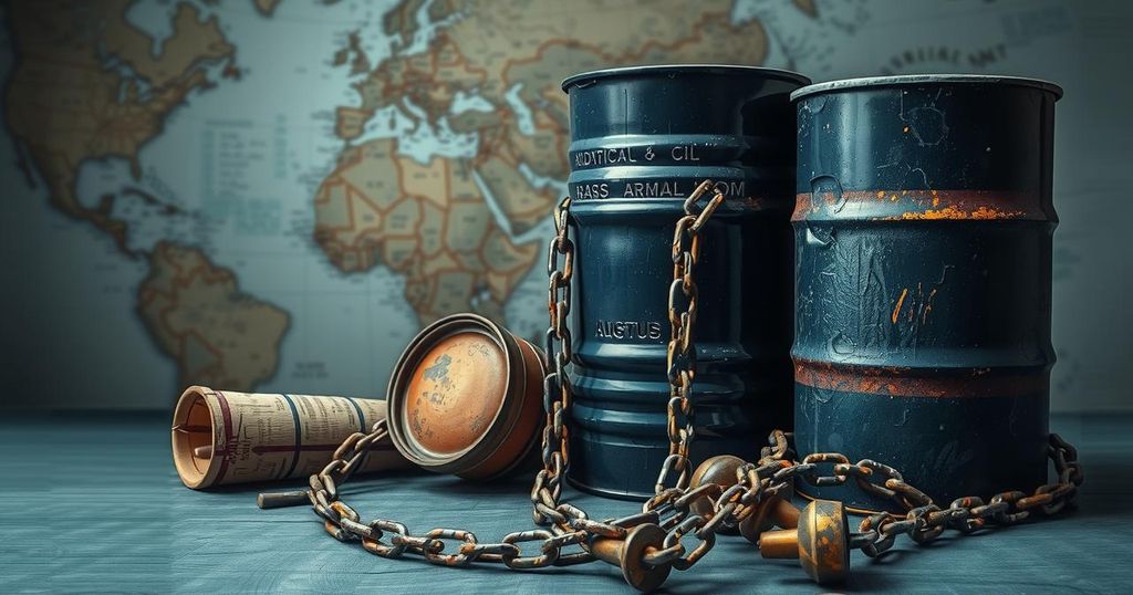 A symbolic scene of oil barrels, chains, and maps representing geopolitical tensions and sanctions.
