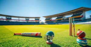 A cricket field in Windhoek featuring lush green grass and blue skies, with equipment around the pitch.