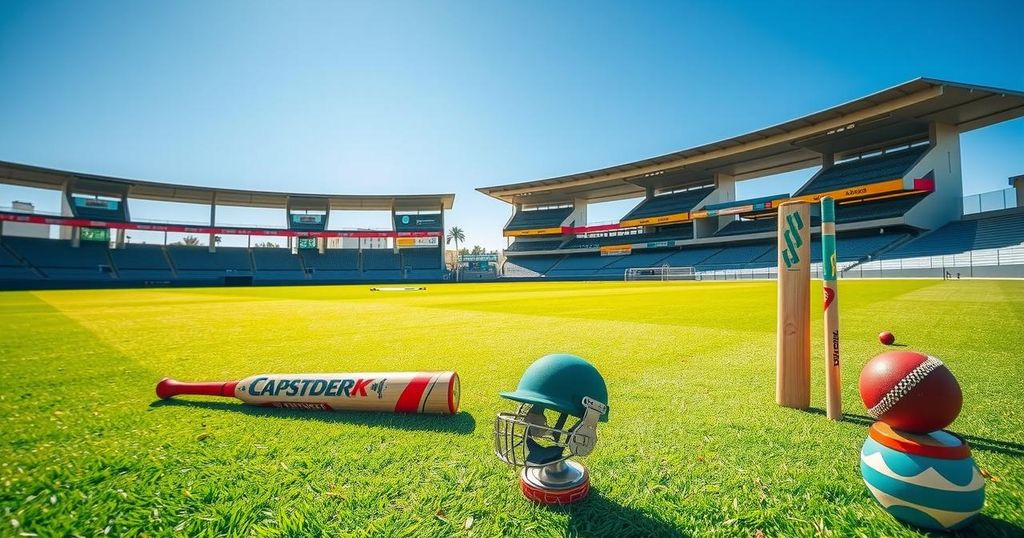 A cricket field in Windhoek featuring lush green grass and blue skies, with equipment around the pitch.