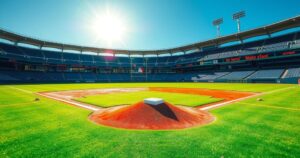 A baseball diamond with vibrant colors, capturing the excitement of a game day atmosphere.