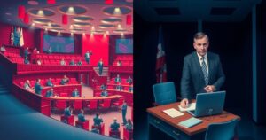 A stylized representation of a political party in contrast, showing a vibrant legislative chamber and a darkened party office.