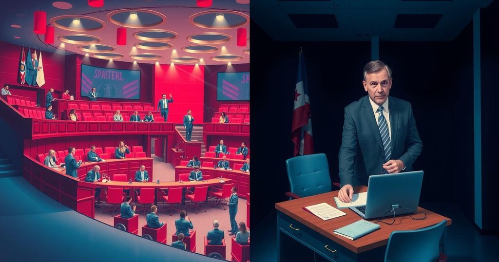 A stylized representation of a political party in contrast, showing a vibrant legislative chamber and a darkened party office.