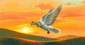 A symbolic representation of peace with a dove and olive branch against a sunset background.