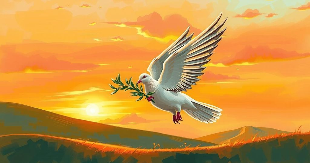 A symbolic representation of peace with a dove and olive branch against a sunset background.
