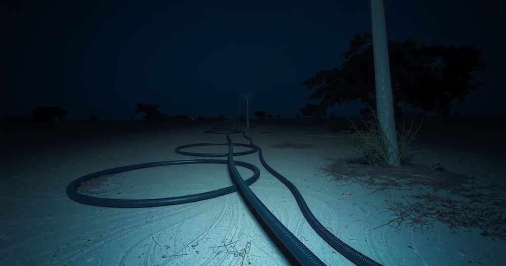 Quiet night scene of Niger landscape with electric cables in the foreground, expressed in realistic colors