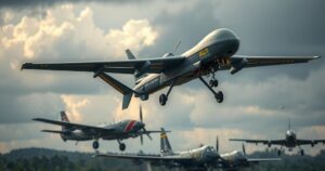 A Ukrainian drone soaring above military aircraft in an attack set against a cloudy sky, illustrating complex operations.