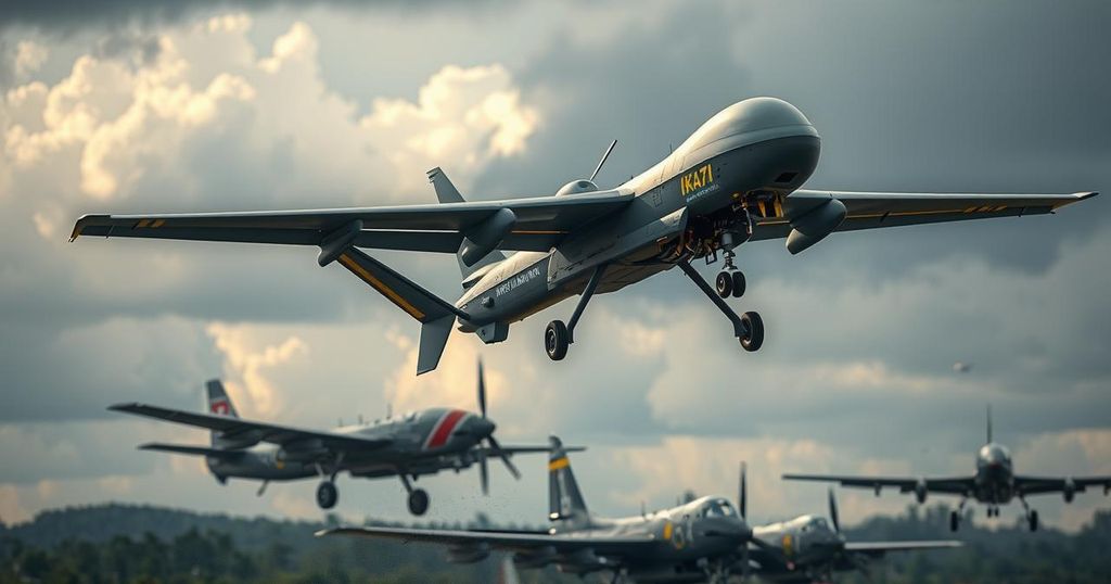 A Ukrainian drone soaring above military aircraft in an attack set against a cloudy sky, illustrating complex operations.