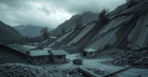 A devastated landscape after a landslide in Colombia, showcasing mud, debris, and destroyed homes under an overcast sky.