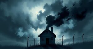 A dark prison silhouette against a stormy sky, symbolizing despair, separation, and uncertainty.