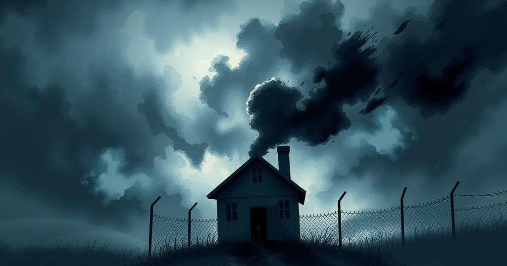 A dark prison silhouette against a stormy sky, symbolizing despair, separation, and uncertainty.