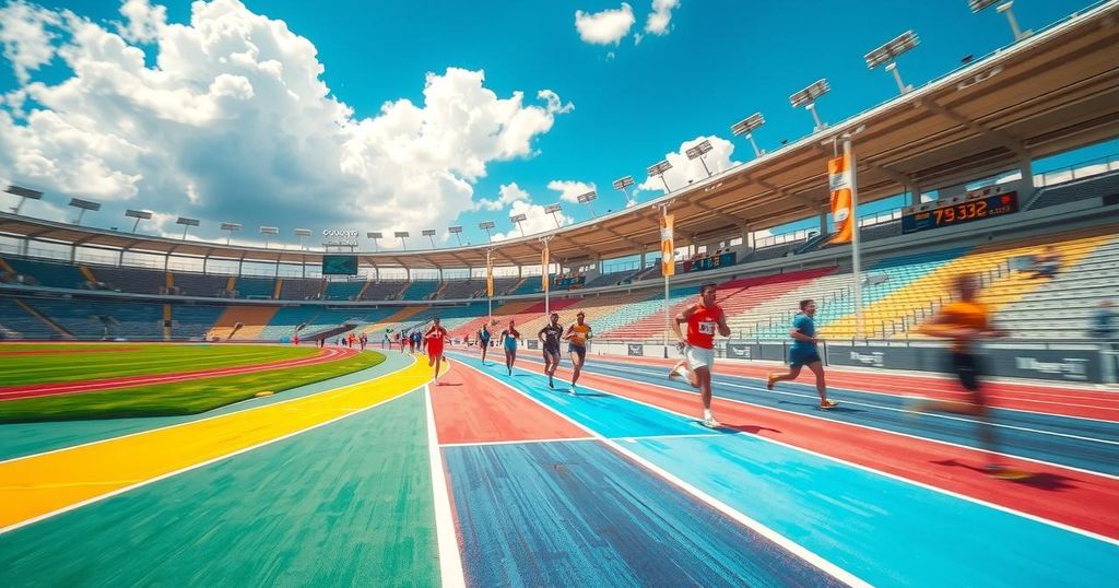A vibrant track scene depicting runners in motion, showcasing speed and athleticism in a colorful outdoor stadium setting.