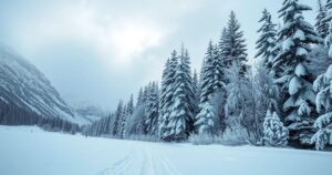 Snowy winter landscape of Glacier National Park under cloudy skies, with heavy snow blanketing the trees.