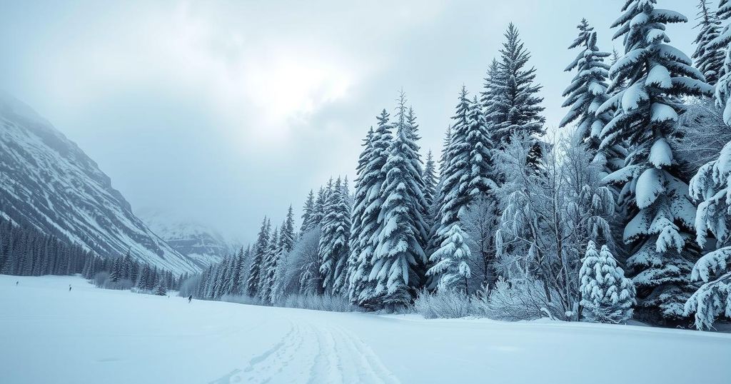 Snowy winter landscape of Glacier National Park under cloudy skies, with heavy snow blanketing the trees.