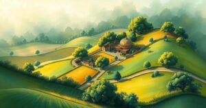 A lush landscape showing a new settlement area with green fields and trees, symbolizing hope and renewal.