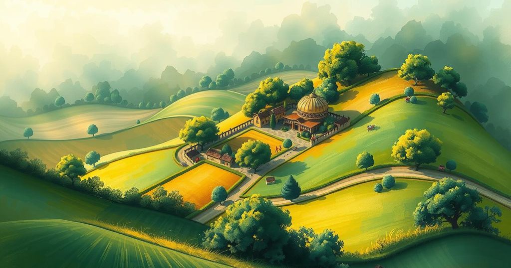 A lush landscape showing a new settlement area with green fields and trees, symbolizing hope and renewal.