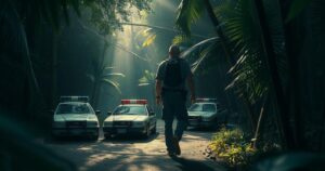 Police arrest in a tropical environment, hinting at a covert operation connected to an investigation.