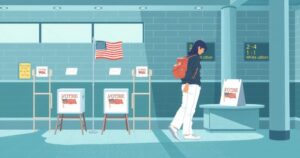 A polling station with voting booths and election signage in a serene setting.