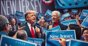New Jersey politics: two candidates debating primary results in a vibrant setting with campaign signs and an enthusiastic crowd.