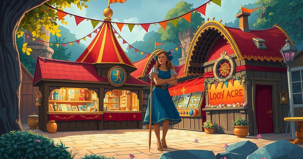 A serene landscape at a bustling Renaissance fair, with bright colors and fantasy-themed decorations.