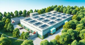 A vibrant battery manufacturing plant in Indonesia showcasing advanced technology for electric vehicles with lush greenery.