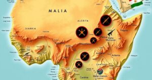 A map of Mali with military symbols, showcasing the transition from one military group to another in a strategic context.