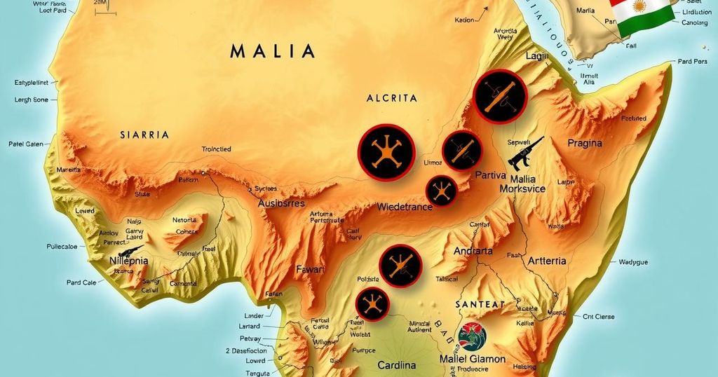 A map of Mali with military symbols, showcasing the transition from one military group to another in a strategic context.