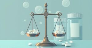 Illustration of pharmaceutical distribution amidst regulatory discussions, showcasing a balanced scale representing oversight.