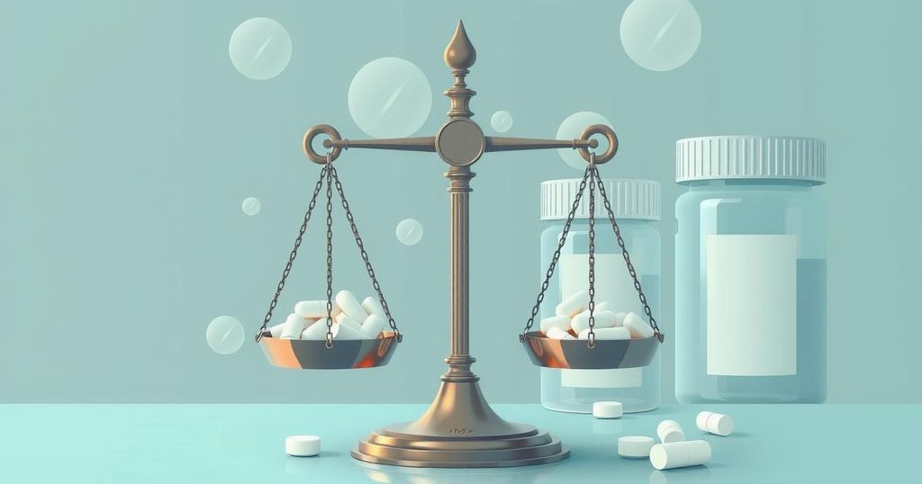 Illustration of pharmaceutical distribution amidst regulatory discussions, showcasing a balanced scale representing oversight.