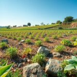 Lush farmland with crushed rocks scattered amidst thriving crops, representing sustainable agriculture and climate action.