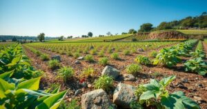 Lush farmland with crushed rocks scattered amidst thriving crops, representing sustainable agriculture and climate action.
